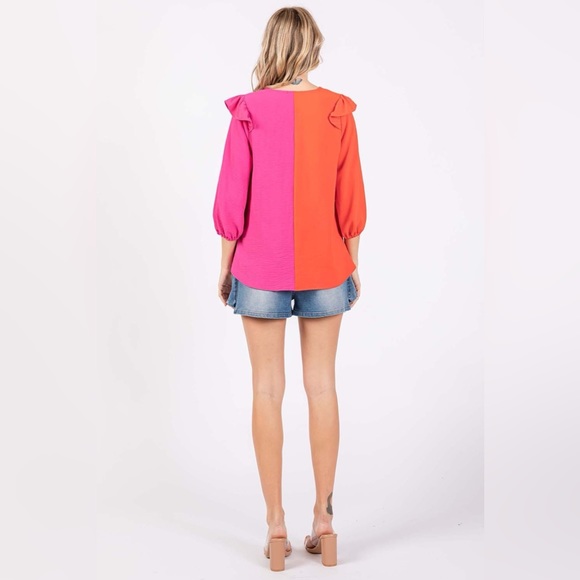 GeeGee Full Size Ruffle Trim Contrast Blouse - Picture 5 of 5